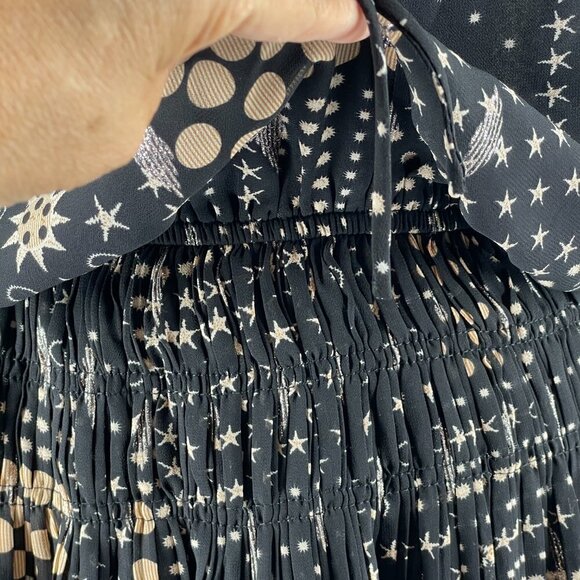 Current Air Black Gold Star Dot Print Long Sleeve Tiered Skirt Boho Mini Dress S - Picture 9 of 14